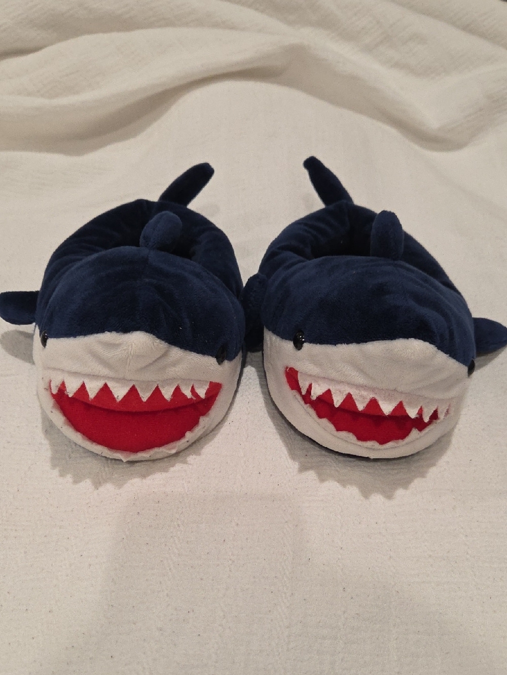 The Children's Place Navy and White Shark Plush Slippers with Red Mouth